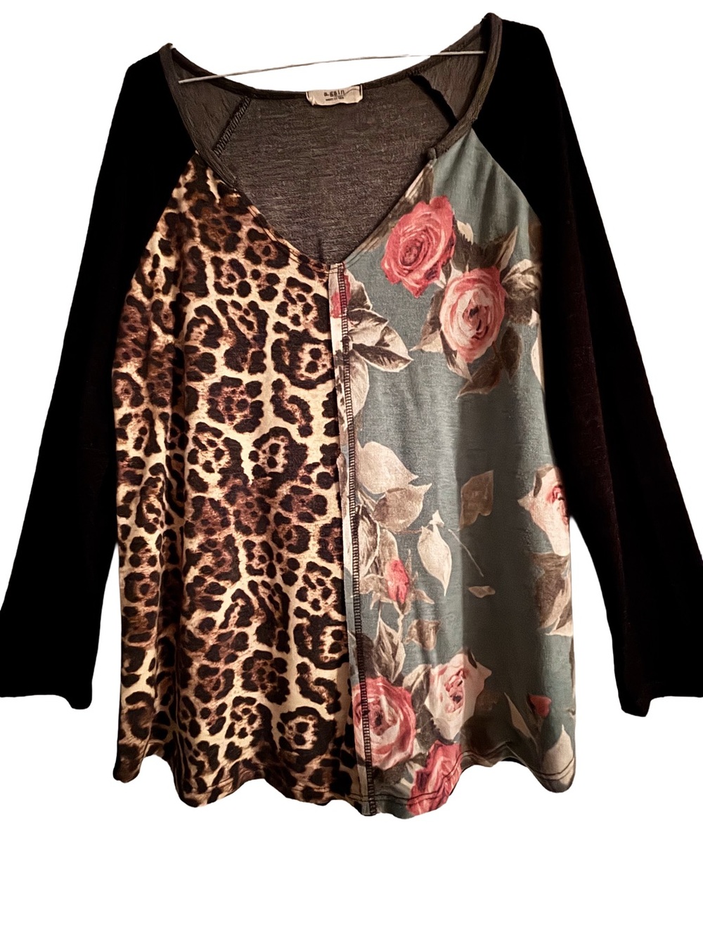 Women's Mixed-Print Raglan Top — Black Sleeves with Leopard and Rose Panels